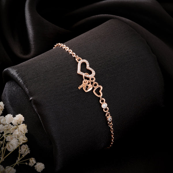 Heart Lock n Key Gold Rhodium Finish Silver Bracelet
