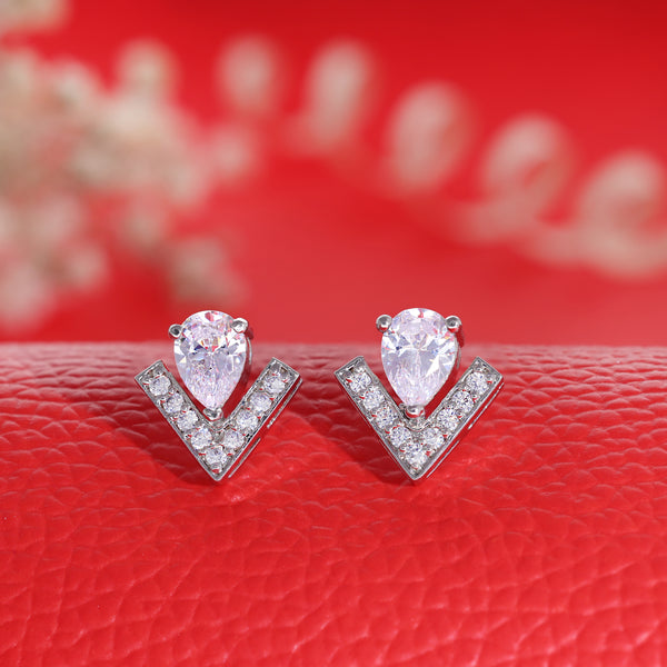Shiny V Shaped Shape Silver Stud Earring