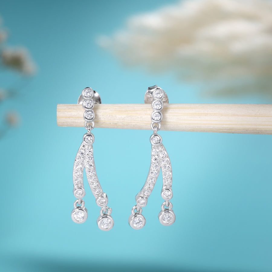 Double Drop Studded Silver Earrings