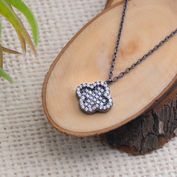 Sterling Silver Pave clover Necklace Pendant (Black Colour)