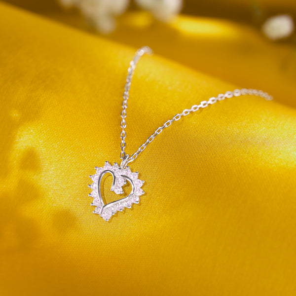 Princess Heart Studded Silver Pendant Necklace