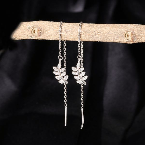 Silver Leaves threader Studded Earrings