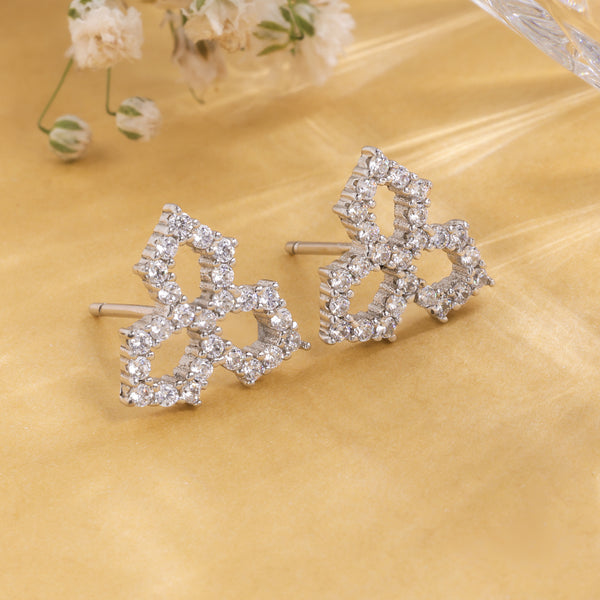 Three Petals Diamond like CZ Stud Silver Earrings